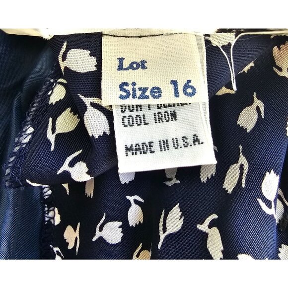 80s Puritan Collar Dress Blouson Drop Waist 3/4 Sleeve Navy White Act II Size 16 - Picture 11 of 12